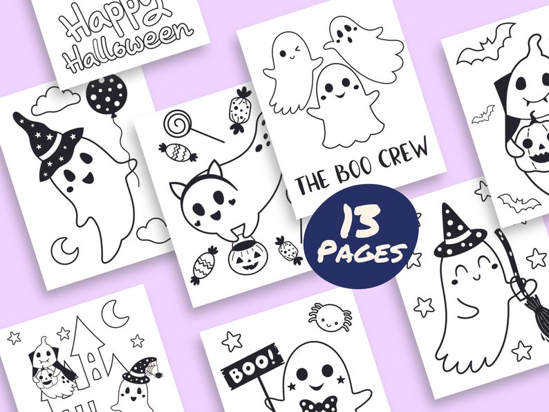 May include: A set of 13 black and white printable coloring pages featuring cute ghosts in various Halloween-themed scenes. The pages include ghosts with hats, ghosts holding pumpkins, ghosts flying with bats, and ghosts with candy. The text "The Boo Crew!" and "13 Pages" are included on the pages.