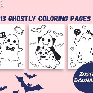 May include: A set of 13 printable coloring pages featuring cute ghost illustrations. The ghosts are holding various Halloween themed items like a pumpkin, a lollipop, and a sign that says "Boo!"