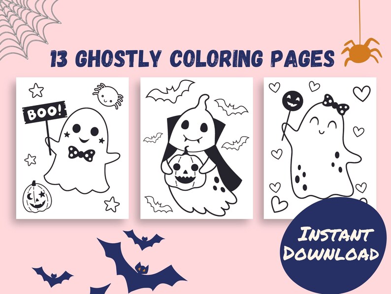 May include: A set of 13 printable coloring pages featuring cute ghost illustrations. The ghosts are holding various Halloween themed items like a pumpkin, a lollipop, and a sign that says "Boo!"