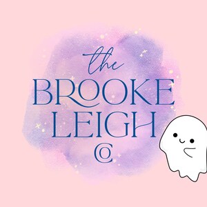 May include: A watercolor background with a purple and blue gradient and gold glitter. The text "the BROOKE LEIGH C" is in navy blue. A white cartoon ghost with a smiling face is on the right side of the image.