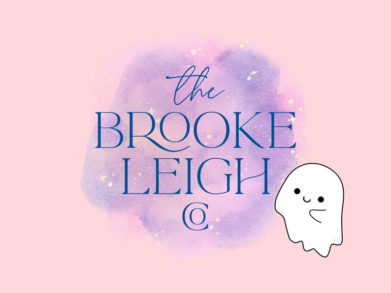 May include: A watercolor background with a purple and blue gradient and gold glitter. The text "the BROOKE LEIGH C" is in navy blue. A white cartoon ghost with a smiling face is on the right side of the image.