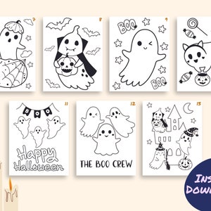 May include: A printable coloring page set featuring 10 different illustrations of ghosts for Halloween. The illustrations include ghosts with hats, ghosts holding pumpkins, ghosts with candy, and ghosts in a haunted house. The text "Happy Halloween" and "The Boo Crew" are included in the illustrations.