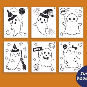 May include: Set of six printable coloring pages featuring cute ghosts in various Halloween costumes. Each page includes a number and a simple design of a ghost wearing a witch hat, holding a 'BOO!' sign, and more.