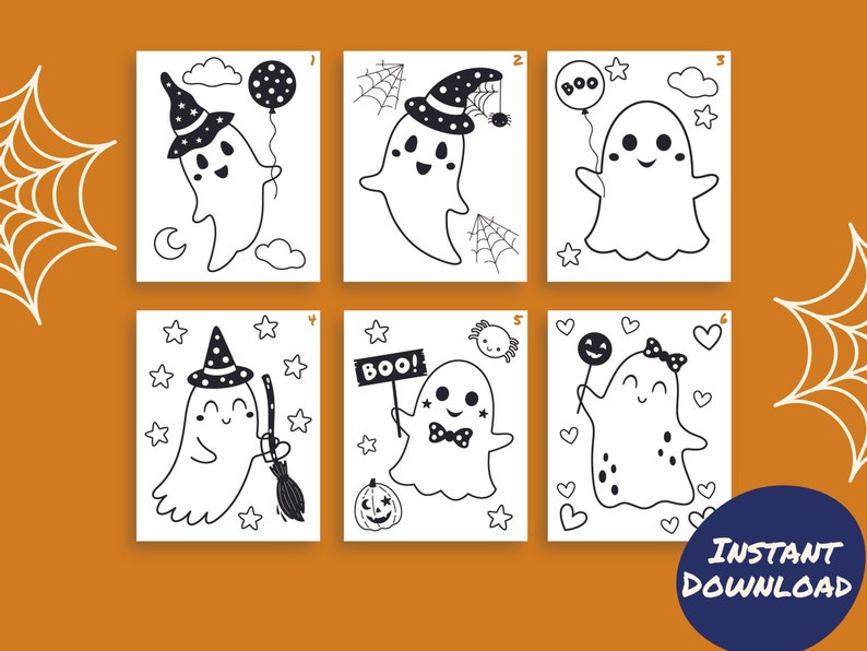 May include: Set of six printable coloring pages featuring cute ghosts in various Halloween costumes. Each page includes a number and a simple design of a ghost wearing a witch hat, holding a 'BOO!' sign, and more.