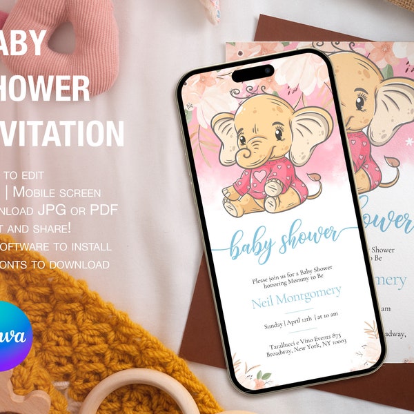 Blush Floral Elephant Baby Shower Invitation. CANVA TEMPLATE.