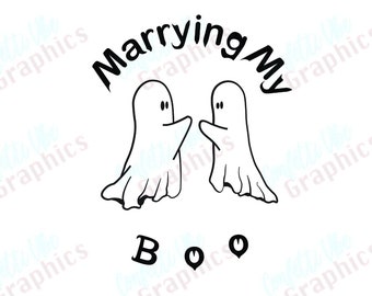 May include: Black and white illustration of two ghosts holding hands with the text "Marrying My Boo" above them.