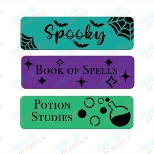 May include: Three Halloween themed printable labels. The top label is teal green with black bats and a spider web and the text "Spooky". The middle label is purple with black stars and the text "Book of Spells". The bottom label is green with black circles, a potion bottle, and the text "Potion Studies".