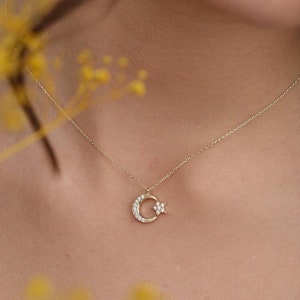 14K  Gold Cz Moon and Star Necklace- Dainty Crescent Moon Star Necklace-  Moon Star Celestial Necklace- Birthday Gift -Anniversary Gift