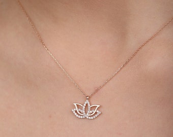 14K Gold CZ Lotus Pendant Necklace – Yoga Jewelry Gift