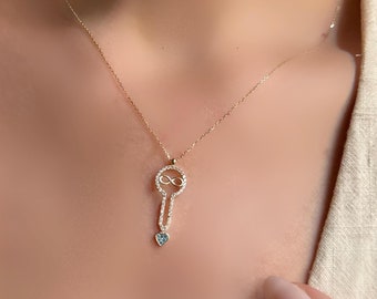 14K Solid Gold Key Necklace | CZ Infinity Pendant with Heart Charm