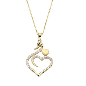 14K Gold Swan Heart Pendant - Love Cz Heart Shaped Swan Necklace-  Animal Jewelry-  Gift For Girlfriend - Anniversary Gift
