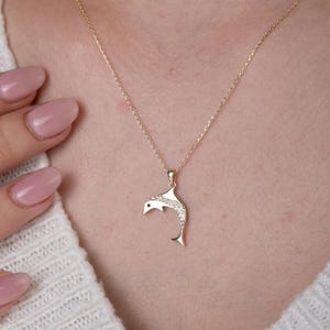 14K Gold Cz Dolphin Necklace- Dainty Ocean Cz Dolphin Necklace- Fish Lover Gift -Lucky Charm Gift- Mother's Day Gift- Valentine's Day Gift