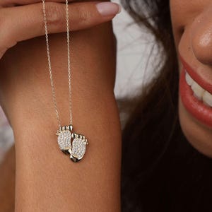 14K Gold Baby Foot Necklace-Dainty Cz Baby Feet Pendant Mom Necklace Gift-Mom Baby jewelry- First time Mom Gift- Mother&#39;s Day Gift