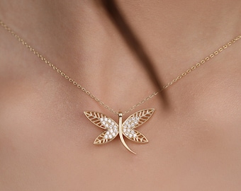 14K Gold Filigree Dragonfly Necklace – CZ Accent, Animal Jewelry