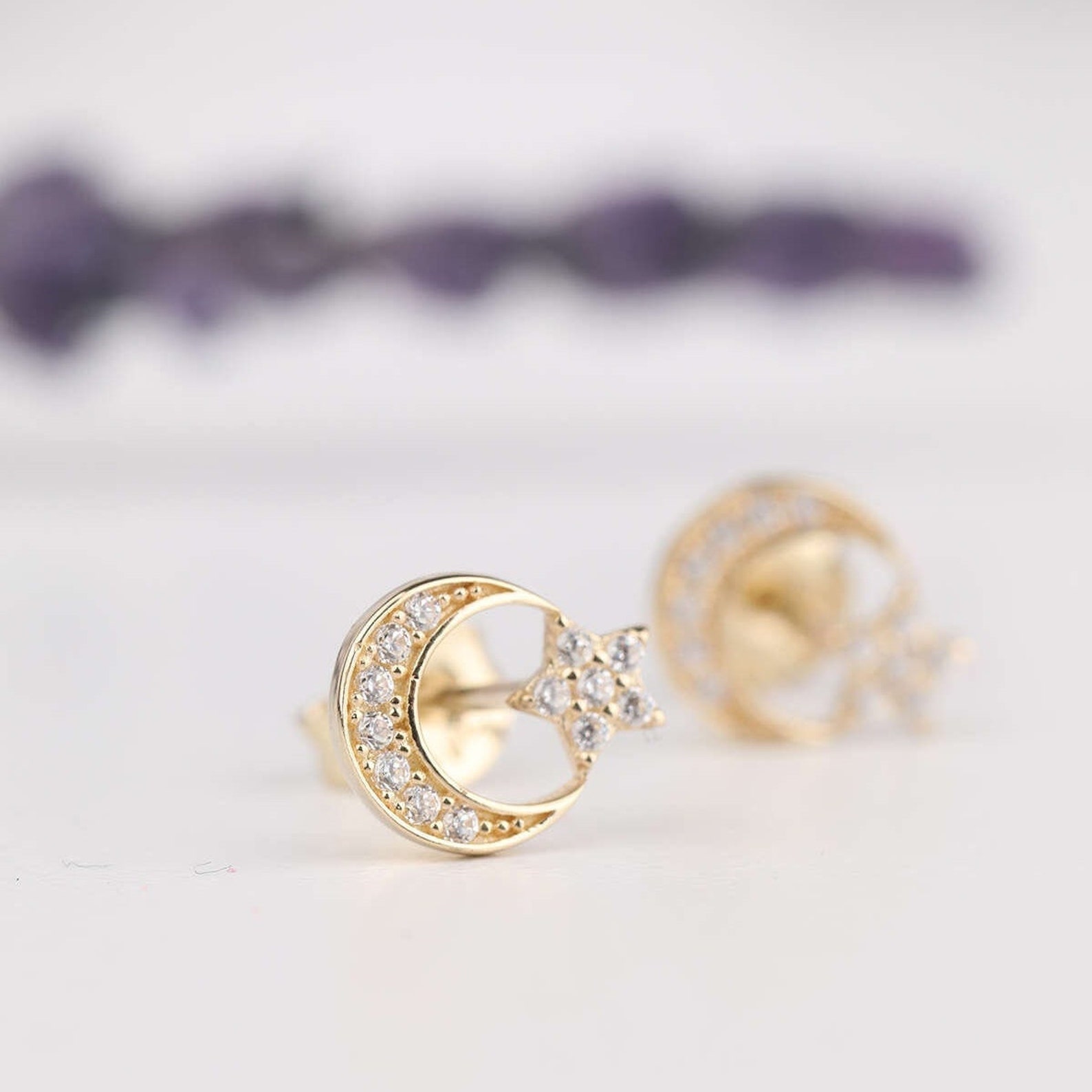 14K Gold Moon and Star Earrings /minimalist Moon Star Sud Earrings/ Moon Star Jewelry/crescent