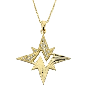 14K Gold Starburst Necklace  - Cz North Star Necklace - Layering Polar Star Necklace - Birthday Gift- Christmas Gift-Anniversary Gift