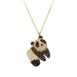 14K Gold Panda Bear necklace - Cz Black &White Stone Panda Necklace- Cute Panda Pendant- Animal Jewelry- Mother&#39;s Day Gift- Panda Lover Gift