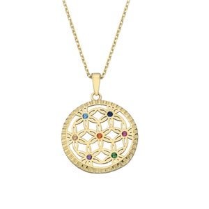 14K Solid Gold Flower Of Life Necklace- Birthstone Flower Of Life Medallion Necklace-Sacred Geometry- Christmas Gift- Birthday Gift