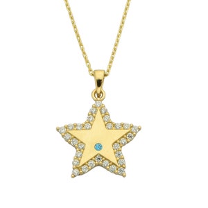 14K Gold Cz Star Necklace -Cz Blue Stone Star Necklace- Layering Star Celestial Jewelry- Birthday Gift--Christmas Gift-Anniversary Gift