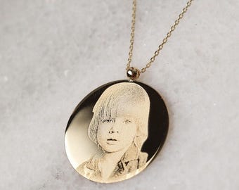 14K Gold Photo Engraved Necklace - Personalized Keepsake Gift