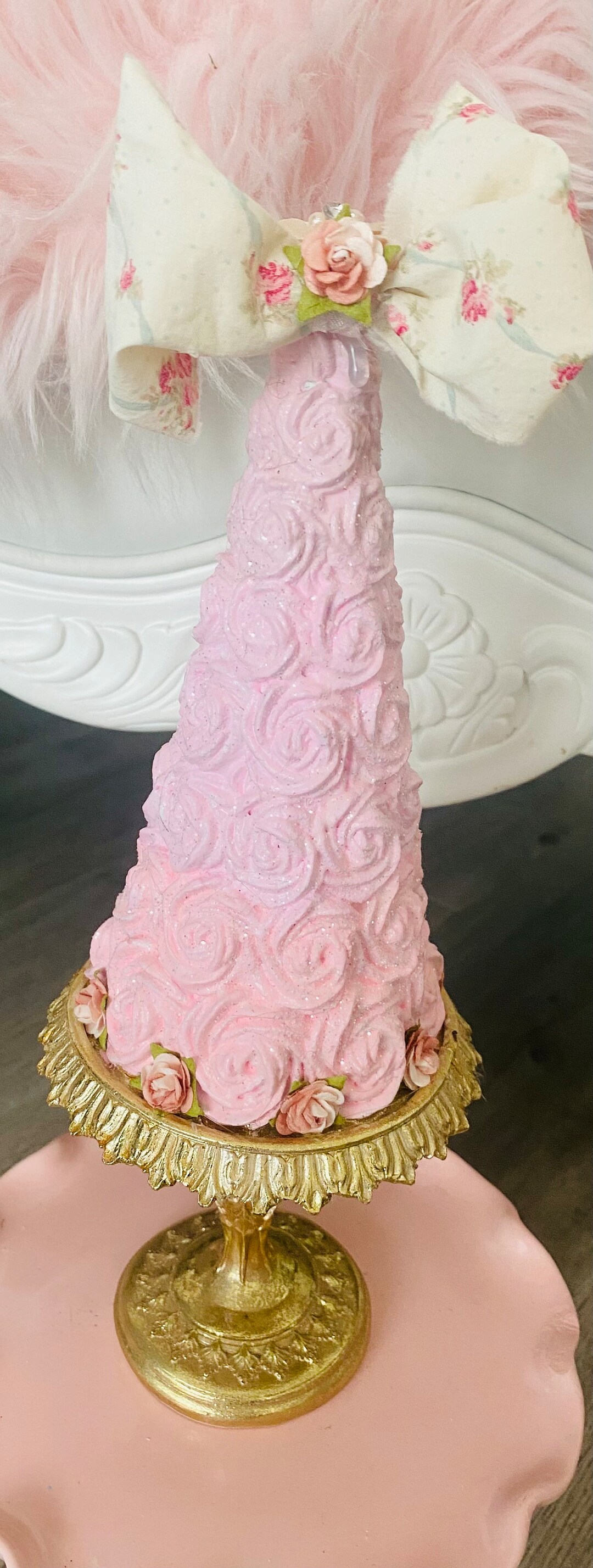 Pink Roses With Bow Tree Figurine Etsy