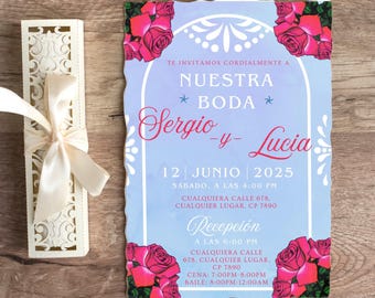 Zaproszenie na ślub Hiszpański Dostosowywalny szablon Kreatywny motyw loterii Zaproszenie Elegancka karta na wieczór panieński Cielito Lindo Decor Canva Szablon