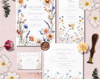 Pacote de Modelos para Casamento com Flores Silvestres em Tons Pastel: Conjunto de Convites Editável no Canva | Conjunto de Papelaria (Download Digital)
