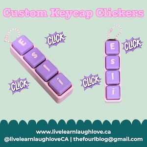 May include: Two custom keycap clickers are shown. One is horizontal, the other vertical. Both are light pink with four purple keycaps spelling "ESII". The word "CLICK" is in a comic book style bubble. The text "Custom Keycap Clickers" is at the top.