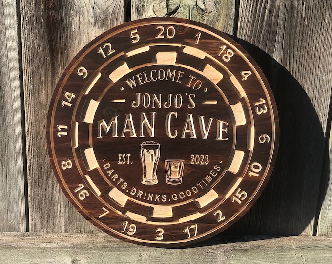 Custom Bar Sign | Personalized Wood Sign | Wooden Bar Sign | Custom Engraved Wood Sign | Engraved Dartboard Mancave Sign, Rustic Wooden Sign