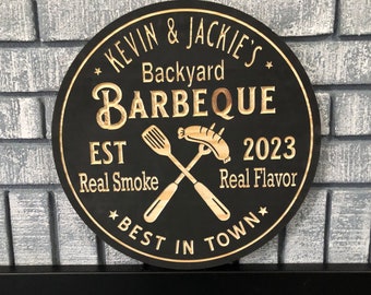 Custom Outdoor Backyard BBQ Sign | Custom Name Engraving | Personalized BBQ Sign | Custom Wood Sign | Carved Wooden Sign | Wedding Gift |