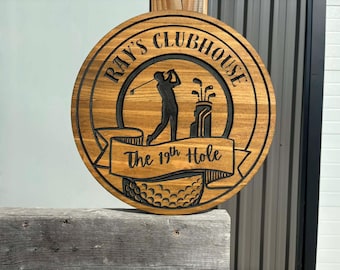 Personalized Golf Clubhouse Sign | 19th Hole Decor Golf Bar Wall Art Man Cave Plaque Golf Lover Gift Wood Golf Sign Gift for Him