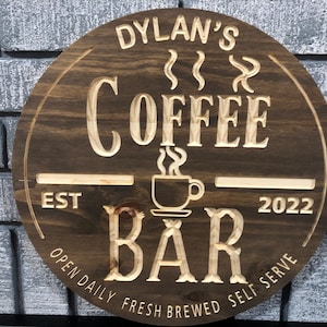 Custom Coffee Bar Sign – Coffee Decor for Kitchen, Home Coffee Bar Wood Sign, Personalized Cafe Bar Name, Father&#39;s Day Gift, Coffee Gifts