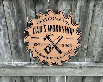 Custom Wood Workshop Sign – Personalized Garage Decor - Saw Blade Workshop Wall Art -  Fathers Day Gift - Mancave Decor - Wood Working Sign