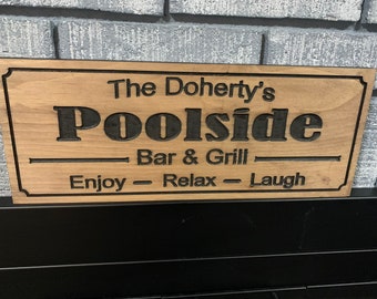 Personalized Outdoor Poolside Sign | Custom Engraving | Family Name Sign | Anniversary Gift | Wooden Engraved Sign | Wood Sign