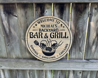 Personalized Wood Bar Sign – Custom Backyard BBQ Decpor, Wooden Wall Plaque, Grilling outdoor wall art