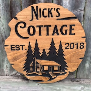 Insegna personalizzata per cottage / Insegna in legno personalizzata / Insegna in legno per casa sul lago / Insegna in legno incisa personalizzata / Foresta di capanne