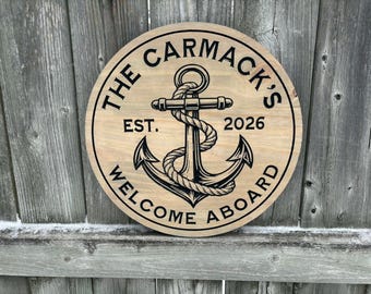 Nautical Anchor Wood Sign | Boat house Sign | Lake House Decor | Personalized Lakehouse Art | Welcome Aboard Plaque | Custom Cottage Sign