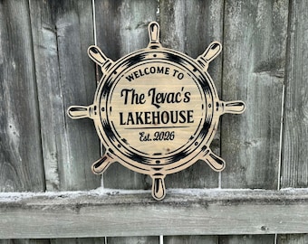 Custom Lakehouse Sign, Nautical Wall Art, Ship Wheel Decor, Personalized Cottage Sign, Lake House Gift, Rustic Wood Sign, Boathouse wall art