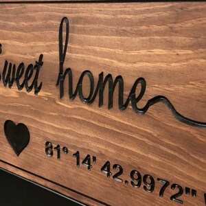 Peut inclure: Panneau en bois brun avec l'inscription "home sweet home" grav&eacute;e. Le panneau comprend un symbole de c&oelig;ur et des coordonn&eacute;es. Le texte et le c&oelig;ur sont sombres, cr&eacute;ant un contraste avec le bois.