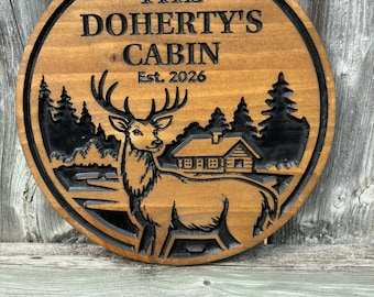 Custom Cabin Family Name Sign with Deer | Personalized Family Name Plaque | Rustic Cabin Wall Decor | CNC Engraved Wood Sign
