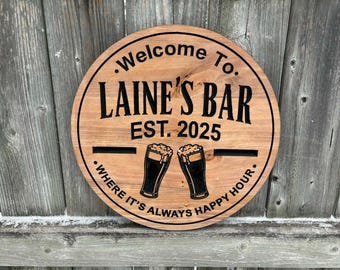 Enseigne de bar en bois personnalisée | Gravure de nom personnalisée | Enseigne de bar personnalisée | Enseigne en bois gravée | Panneau en bois | Enseigne ronde extérieure | Décor de cercle