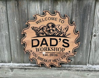 Personalized Dad Garage Sign, Workshop Wall Decor, Custom Wood Sign, Fathers Day Gift, Tool Shop Plaque, Saw Blade Wall Art, Woodshop Sign