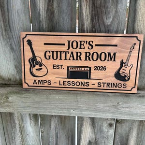 Custom Engraved Wooden Guitar Room Sign | Gift For Him | Music Lover Gift | Gift For Musician | Personalized Wood Wall Decor | Guitar Sign image 1