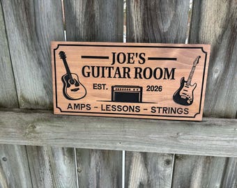 Custom Engraved Wooden Guitar Room Sign | Gift For Him | Music Lover Gift | Gift For Musician | Personalized Wood Wall Decor | Guitar Sign