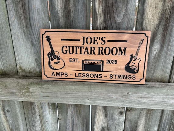 Custom Engraved Wooden Guitar Room Sign | Gift For Him | Music Lover Gift | Gift For Musician | Personalized Wood Wall Decor | Guitar Sign