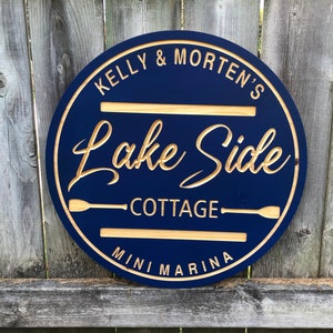 Custom Outdoor Lakeside Cottage Sign | Personalized Wood Sign | Wooden Lakehouse Sign |  Engraved Wood Sign | Carved Round Sign | Circle