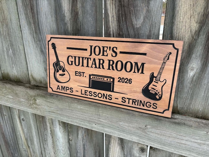 Custom Engraved Wooden Guitar Room Sign | Gift For Him | Music Lover Gift | Gift For Musician | Personalized Wood Wall Decor | Guitar Sign image 2