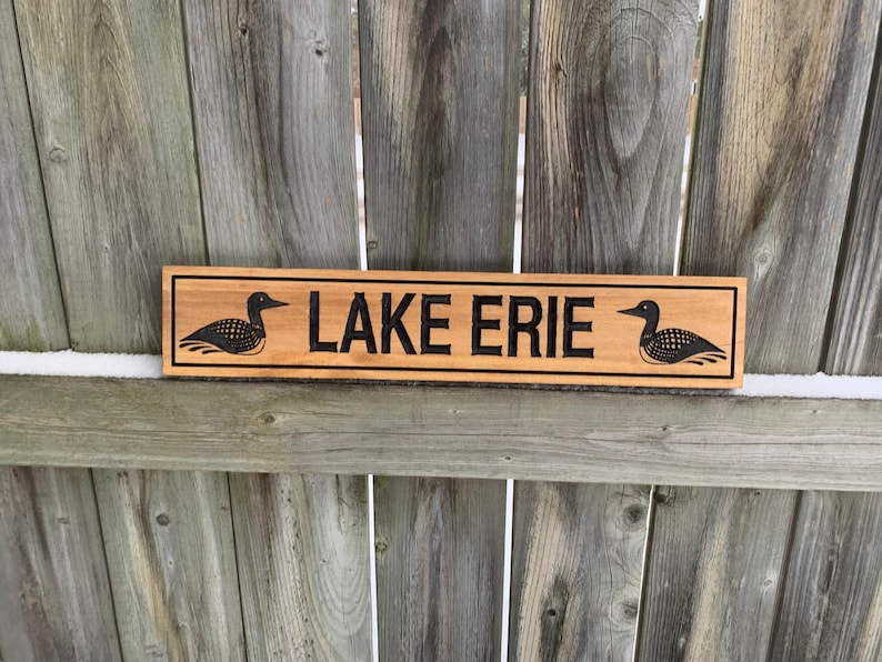 May include: Wooden sign with the text "LAKE ERIE" in black lettering. The sign is decorated with two black loon birds on either side of the text.