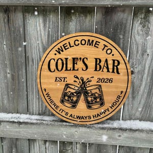 Personalized Wood Bar Sign | Custom Home Bar Decor | Man Cave Sign | Whiskey Glass Wall Art Gift | Round Wood Bar Sign |