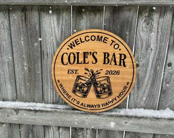 Personalized Wood Bar Sign | Custom Home Bar Decor | Man Cave Sign | Whiskey Glass Wall Art Gift | Round Wood Bar Sign |